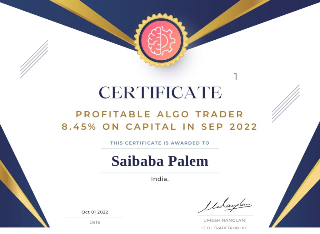 Sep Month Algo Trading Profit certificate of Saibaba